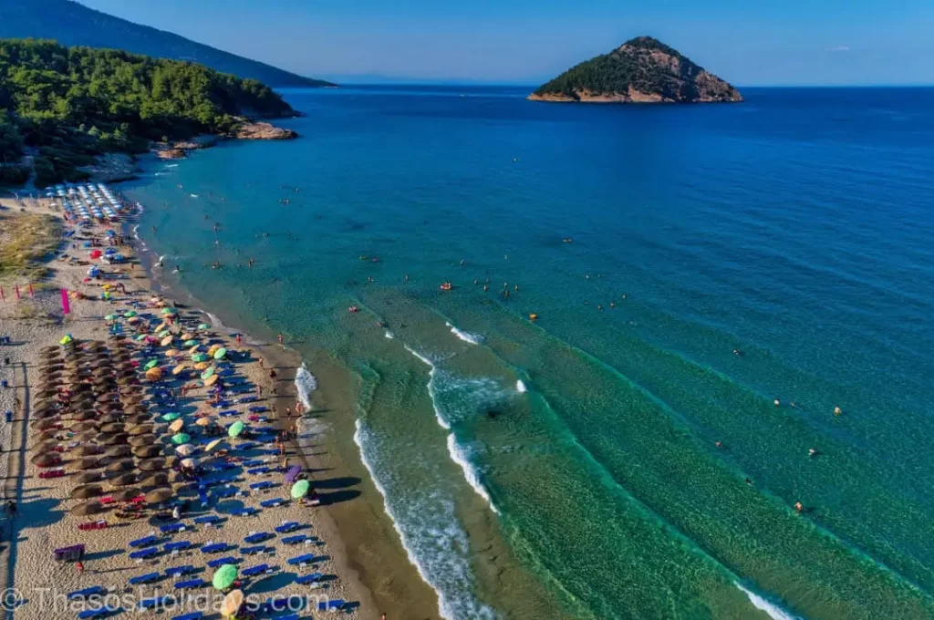 Paradise Beach Busy Day photo taken from Above one of the most instagrammable places in Thassos