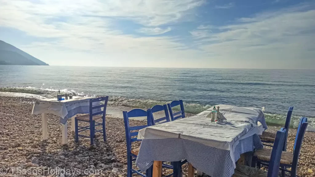 Klisma taverns eat right by the beach on top of pebbles with the waves centimeters away thassos off the beaten path