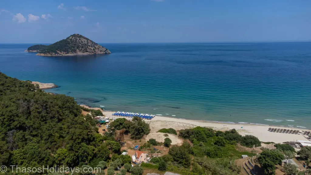 The souther side of Paradise Beach Thassos with views over the islet