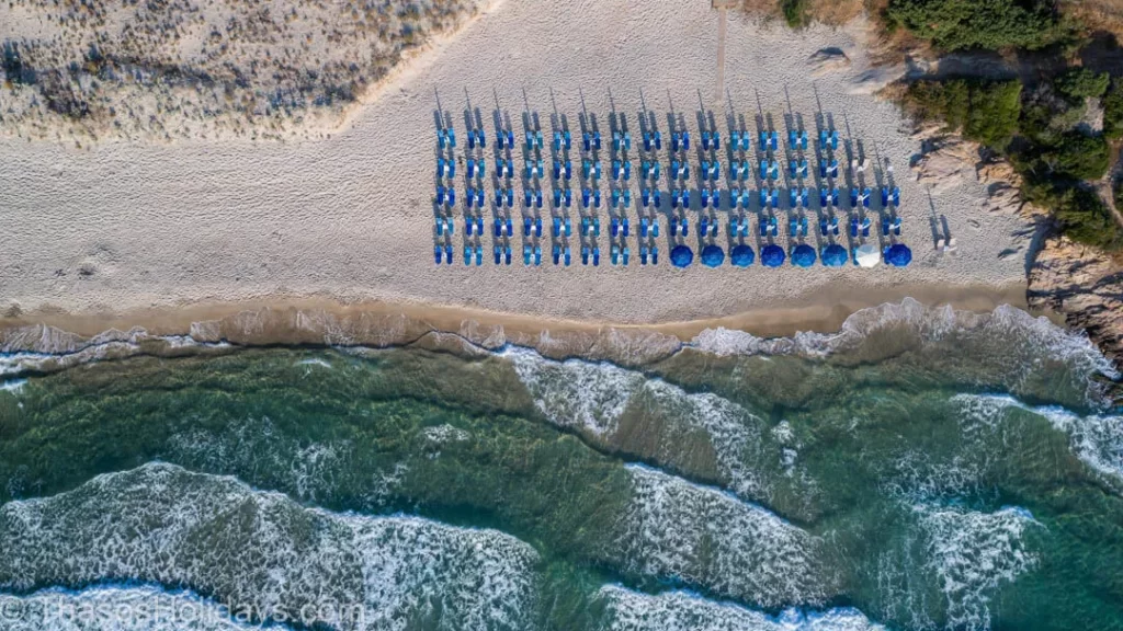 The sunbeds at the nothern section of Paradise Beach Thassos